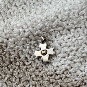 Vintage Silver Cross Pendant with Gold Heart 14k silver sterling